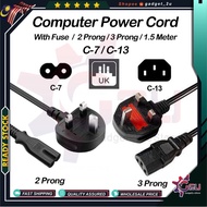 3Pin UK Plug Laptop and Computer IEC C-13/C-7 Power Cord With Fuse,3 Prong 1.5 Meter PC 2 Prong 8 Ta