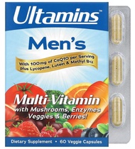 Ultamins, วิตามินรวมสำหรับผู้ชาย พร้อมโคเอนไซม์คิวเทน เห็ด เอนไซม์ ผัก และเบอร์รี่ บรรจุแคปซูลผัก 60 แคปซูล