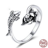 925 Sterling Silver Natural Koi Lotus Open Ring for Women Adjustable Jewelry Statement Anniversary G