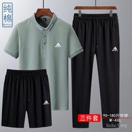 Suit Sukan Kapas Tulen untuk Lelaki, Set Tiga Keping Musim Panas, Lengan Pendek, Nipis, Longgar, Kas