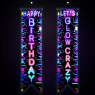 Tegeme 2 Pcs Glow in the Dark Party Supplies Neon Happy Birthday Banner Let's Glow Crazy Porch Sign 