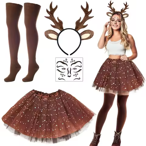 Carnival Cosplay Deer Costume Women Antlers Headband with Reindeer Ears Tutu Skirt Socks Deer Face T