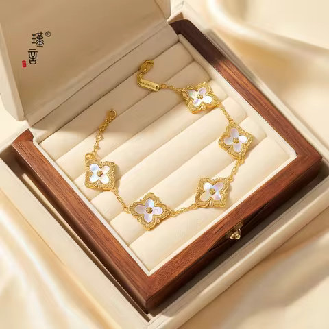 Gold Shop 24K real gold lucky grass bracelet ins niche design high-end au999 real gold bracelet new 