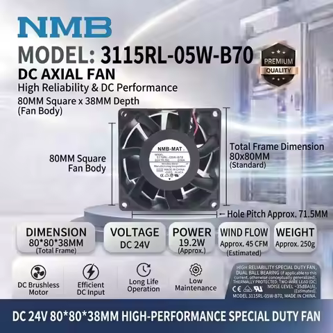 For NMB 3115RL-05W-B70 DC 24V 8038 80x80x38mm Dual Ball Bearing 19.2W 45CFM Cabinet Inverter Server 