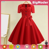 <COD> Retro Dot Dress Lace-up Retro Dress Vintage 1950s A-line Midi Dress with Square Neck and Belte