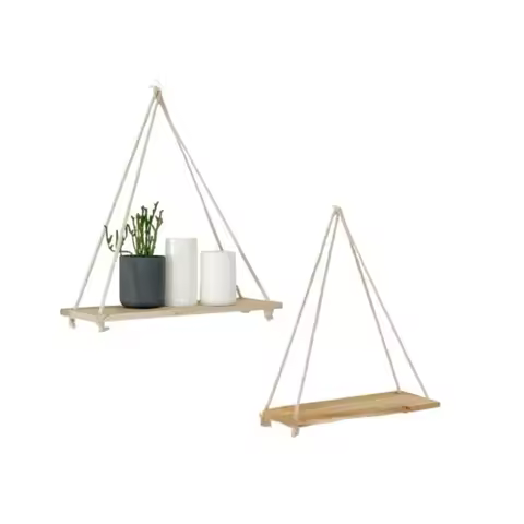 Boho Style 2 Piece Floating Shelves - Wooden Wall Hanging Storage Shelf Set for Potted Plants & Deco