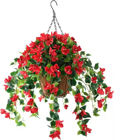 Artificial Hanging Flowers Basket with 4 Pcs Bougainvillea Silk Vine Flowers for Outdoor Indoor,Coco