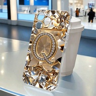 Phone Case for iPhone 17 16 Pro Max 15 14 13 12 11 7 8 Plus XS Max 2D Golden Rhinestone Letter Q Cle