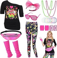 Miulruma 80s Women's Costume Set, 80s Outfit, T-Shirt, 80s Artistic Leggings, Earring, Necklace, Bum