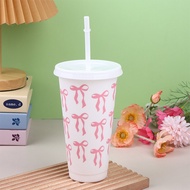 1Pc 710ML Kawaii Bow Reusable Party Cups With Straw Lid Coffee Juice Tea Cute Tumbler With Straw Pla