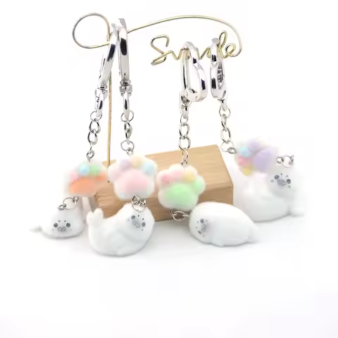 1/4pcs Original Design 3D Flocking Resin Seal Keychain Kawaii Cartoon Animal Seal Pendant for Bag Ph