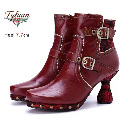 2026 New Women Buckle Strap Short Boots 7.7CM Thick Heel Side Zipper Red Handmade shoes Rivet Thick 