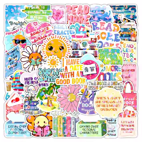 10/51Pcs Ins Summer Bookish Book Reading Stickers Kindle Laser Style Aesthetic Decals Kids Scrapbook
