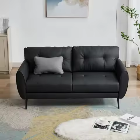 Sofa Couch 61" Small Loveseat Couches for Living Room, Black Faux Leather Couch Mid Century Modern T