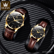 OLEVS Fashion Couple Watches Brown Leather Watch Couple &amp; Set Casual Set Jam Couple Tali Kulit Murah Jam Tangan Perempua