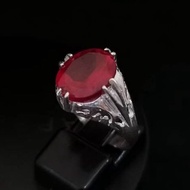 925 Pure Silver Men's Batik Design Ring With 10x12mm Ruby Red CZ Stone. Cincin Perak Lelaki Dengan Batu Permata Zircon.