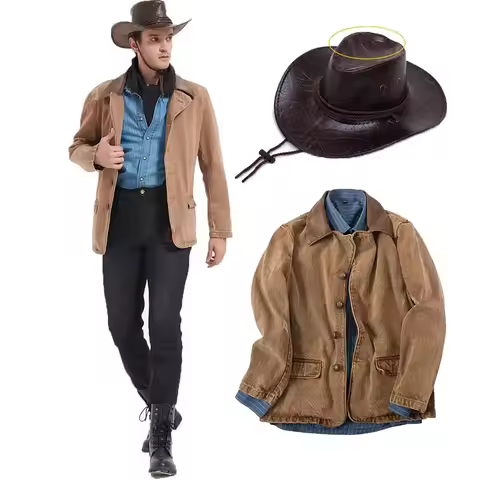 Anime RDR2 Arthur Morgan Same Style Jacket Western Denim Cosplay Costumes Brown Jacket And Blue Shir
