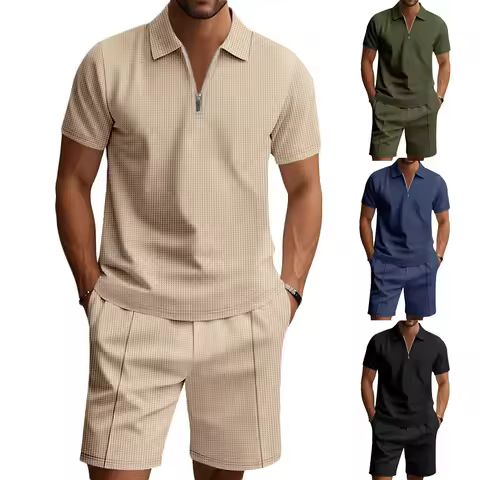 New Casual Streetwear Sets Men Waffle Fashion Tracksuit Summer Short Sleeve Zipper Shirts Drawstring