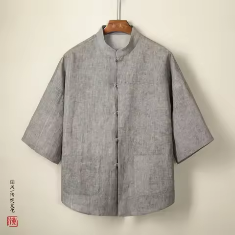 Chinese Style Men's Cotton Linen Shirt Jacket Tang Short Sleeve Jacket Top Solid Color Traditional K