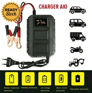 Charger Aki Mobil Smart Battery Car Charger Accu 12V 20-120AH LCD Display Mesin Alat Cas Carger Chargeran Cargeran Casan Aki Kering Otomatis Baterai Batre Motor 12 Vol Volt 20 120 Amper LED Indikator Portable Portabel Murah Bagus - Black