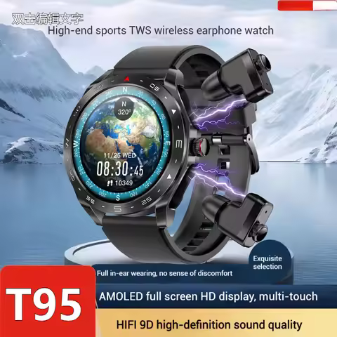 T95 Smartwatch+TWS Headphones 2 in 1 Sports Tracker Music Heart Rate Monitor Health Monitoring smart