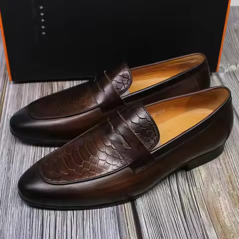 FELIX CHU Luxury Mens Loafer Shoes Genuine Leather Snake Print Wedding Party Casual Men Dress Shoes
