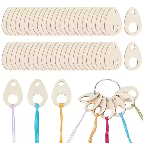 100pcs Teardrop Wood Thread Drops 1.9x1.3inch Wood Cross Stitch Thread Organization with Floss Ring 