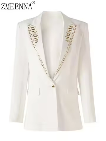 ZMEENNA Elegant White Blazer With Gold Studded Lapel Womens Long Sleeve Jacket Stylish And Unique Ou