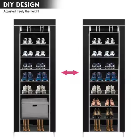 Black 10-Layer 9-Lattice Non-woven Space-saving Shoe Rack