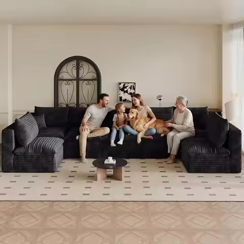 7-Seater U-Shaped Cloud Sectional Sofa, Deep-Seat Corduroy, Black, Living Room/Bedroom, Ready to Use