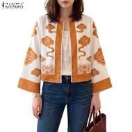ZANZEA Women's Loose Fit Korean Ethnic Cardigan with Flare Sleeves and Auspicious Cloud Print