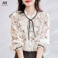 MISUMIXIU เสื้อชีฟองสำหรับผู้หญิงเสื้อแขนยาวชาวต่างชาติโบว์ฝรั่งเศสใหม่2023