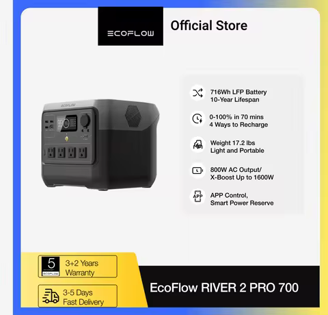 ECOFLOW Portable Power Station RIVER 2 Pro 700, 716Wh LiFePO4 Battery, 4x800W AC Outlets, Solar Gene