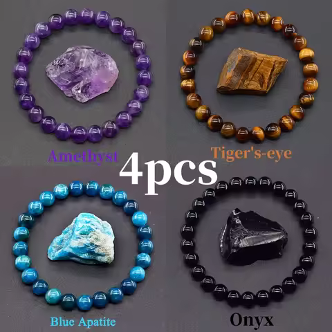 4 Pcs/Set Bohemian Gemstone Bracelet Wealth & Love Amethyst Tiger's Eye Obsidian Blue Apatite Bead B