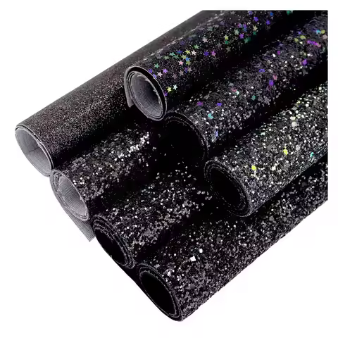 Black Plain Solid Chunky Fine Glitter Fabric With Twill Elastic Backing Faux Leather For Craft Sewin