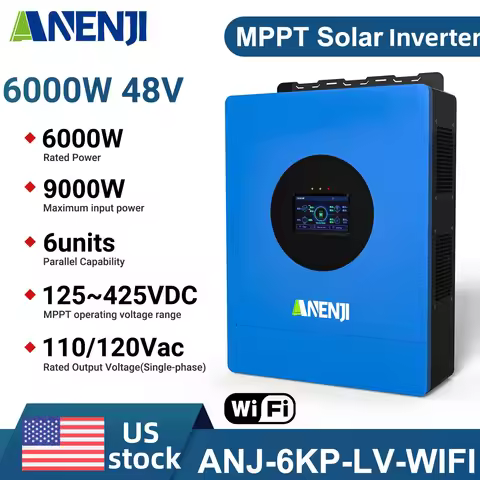 ANENJI 6KW 48V 110/120V Hybrid Solar Inverter Built-in MPPT 120A charging controller and WiFi Dual I