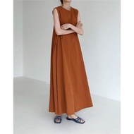 Natural Cotton Linen long dress woman muslimah korean style plain unsleeve Round Neck beige white bl
