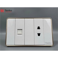 2-Prong Socket and Overflow LAN Network with White Plastic Face and Gold Border Brand TENKO TK-C1-07