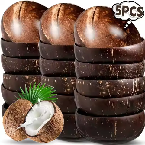 5/1PCS Natural Coconut Bowls Reusable Wooden Tableware with Spoon Dessert Fruit Salad Yogurt Coconut