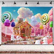 Candyland Photography Backdrop 7Wx5H Candy Lollipop Cotton Candy Mountain Fantasy Wonderland House f