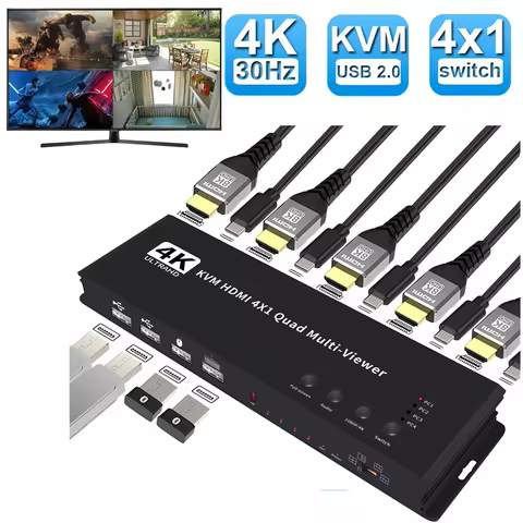 4 In 1 Out KVM HDMI Multiviewer Switch 4K HDMI KVM Video Cutting 4X1 Seamless Quad Multi-viewer KVM 
