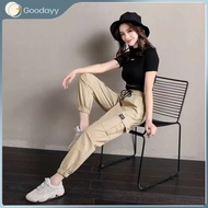 Women High Waist Slim Fit Cotton Casual Cargo Pants Elastic Waist Straight Loose Cropped Pants