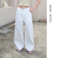 AMUSE BKK - Sammy Jeans กางเกงยีนส์ทรงกระบอกตรง ดีเทลแต่งกระเป๋าหน้า ผ้ายีนส์ฟอกมีน้ำหนัก
