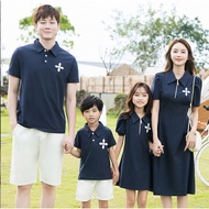Fashion Cute Blue Polo Cross Family Dress Men Shirt Boy tshirt Women Girl Dress Mini Dress Family Matching Outfits T-shirt Family Set Tees Plus Size