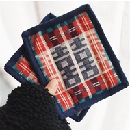 紅色雙喜 藍白格 手工織布 雙面用 夾棉 隔熱墊 夾棉拼布 餐墊