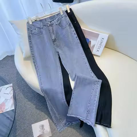 155Kg Plus Size Women's Pants Hip 150-160 High Waist Casual Loose Flare Jeans Black Blue 4XL 5XL 6XL