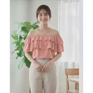 Claire Plus Size Challis Layer Ruffle Trim Off Shoulder Blouse 31098
