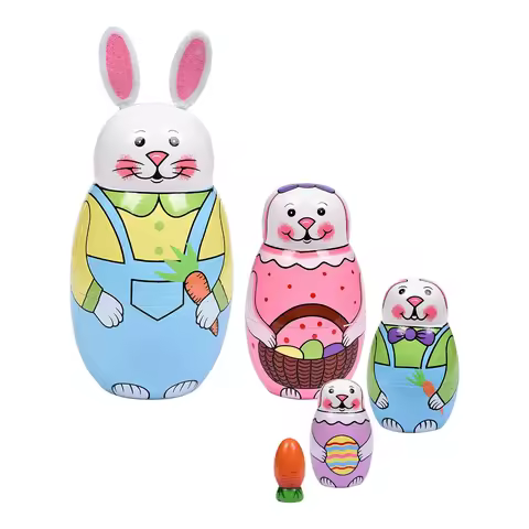 5PCS Russian Nesting Dolls, 6'' Handmade Wooden Rabbit Dolls for Kids, Toddlers, Easter & Home Decor