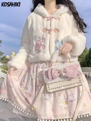 Lolita Fluffy Women Hooded Crop Coat 2025 Y2k Aesthetic Grunge Horn Toggle Button Jacket Rabbit Ear 