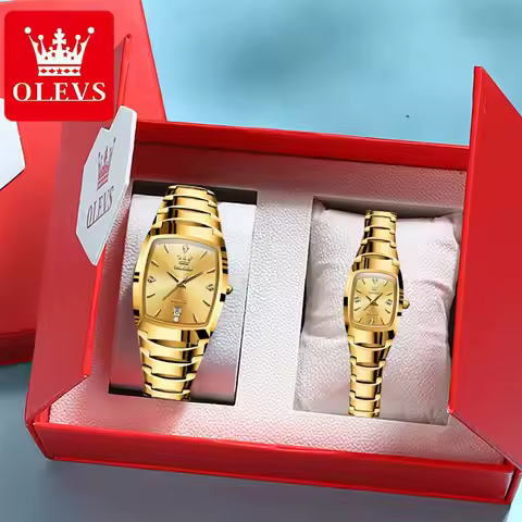 OLEVS 7006 Gold Tungsten steel Watch for Men Women Luxury He and Her Watch Set Square Dial Couple Wa